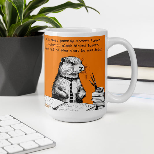 Confusion Clock otter mug, 15 oz, on a desk with a plant and books