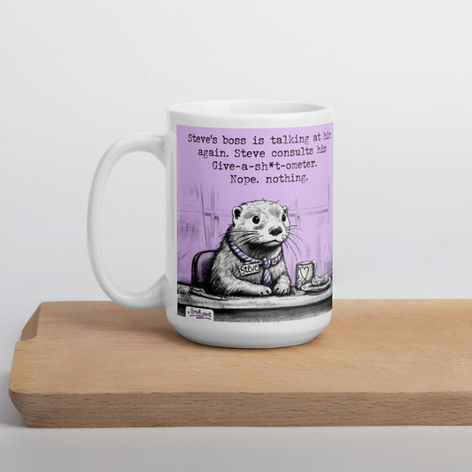 Give-a-sh*t-ometer otter mug, 15 oz, on a wooden board