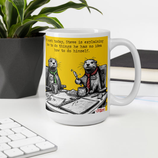 Steve Explains otter mug, 15 oz, on a desk with a plant and books