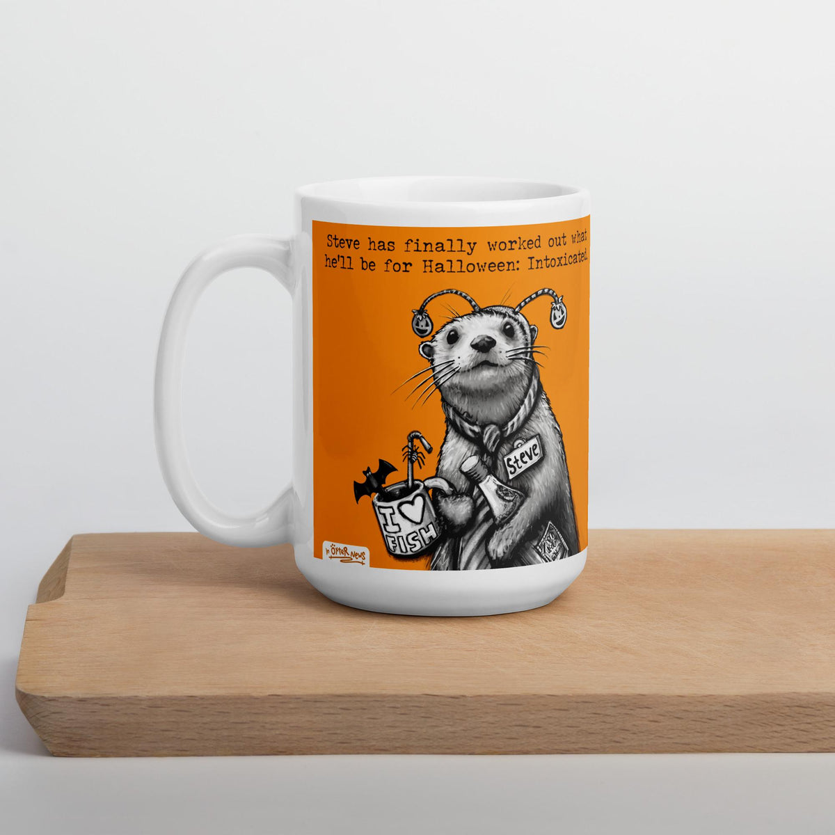 Intoxicated mug on a wooden board, side view