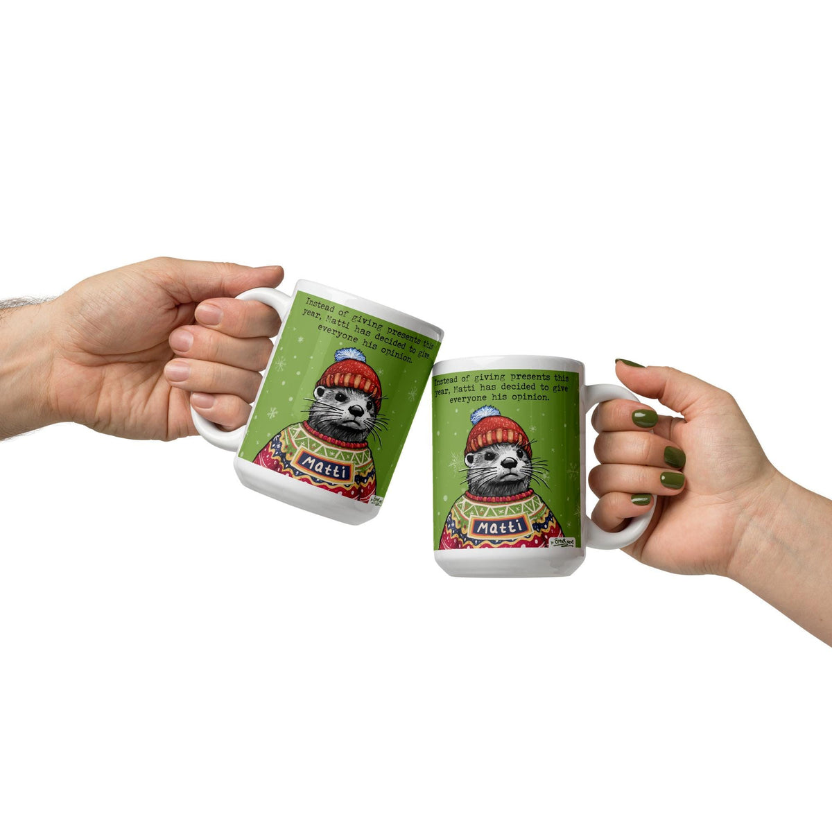 Custom Christmas Opinions Mug, two example mugs side by side