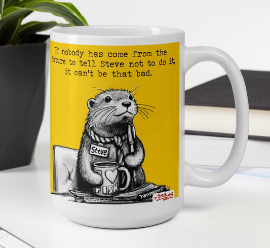 The Future otter mug, 15 oz, with a plant and books