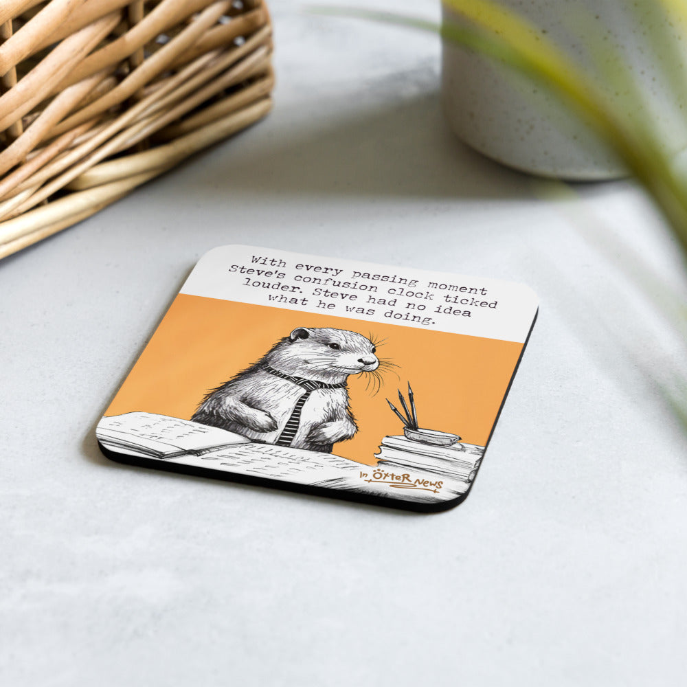 Confusion Clock Steve otter coaster on a table