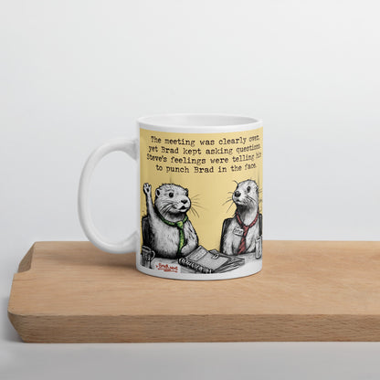 The Meeting Is Over mug on a wooden board