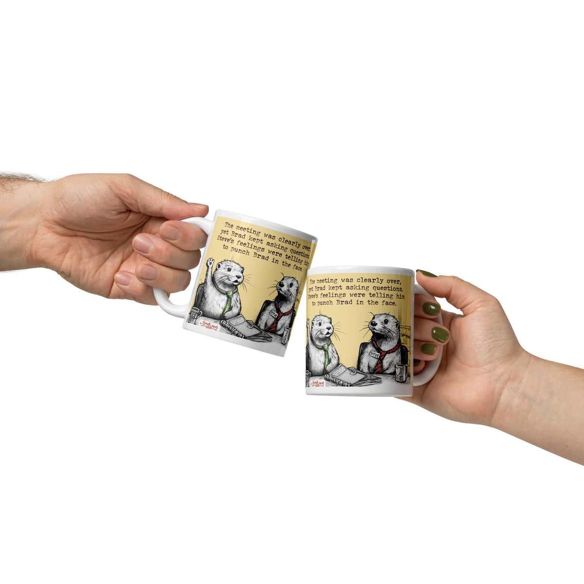 Two Meeting Is Over mugs being passed between hands