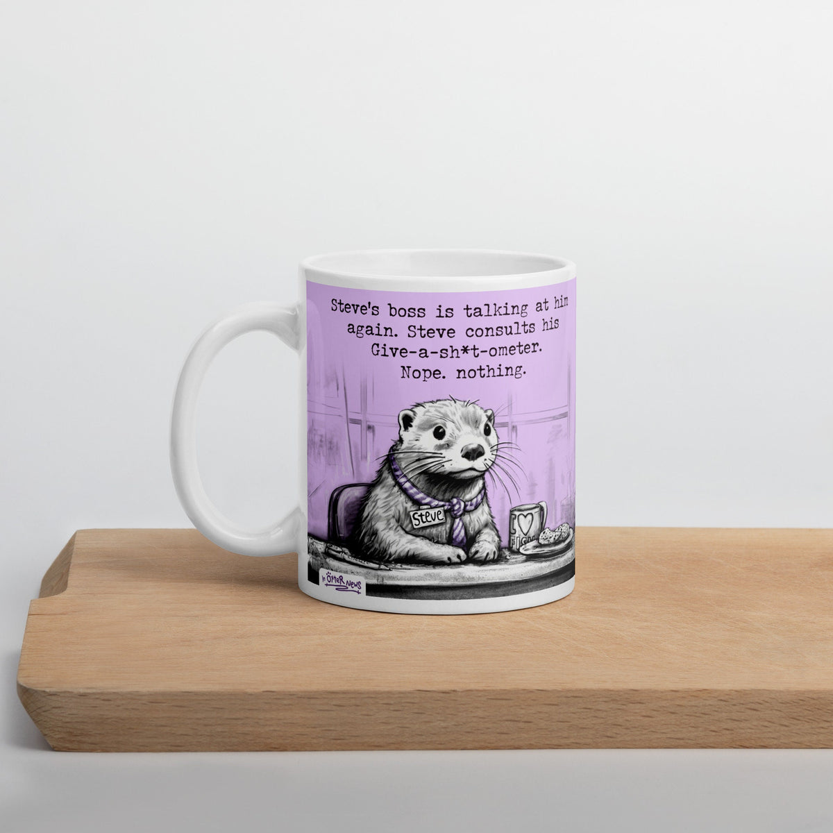 Give-a-sh*t-ometer mug, 11 oz, on a wooden board