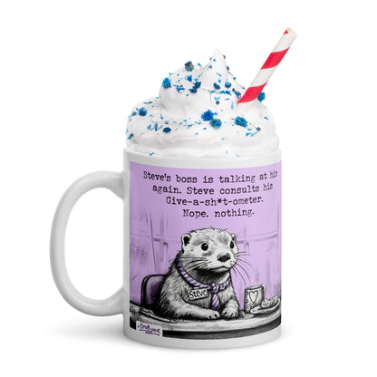 Give-a-sh*t-ometer mug topped with whipped cream and sprinkles