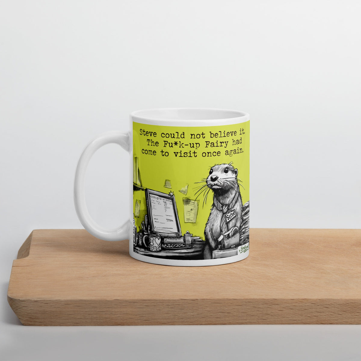 The Fu*k-Up Fairy mug on a wooden board