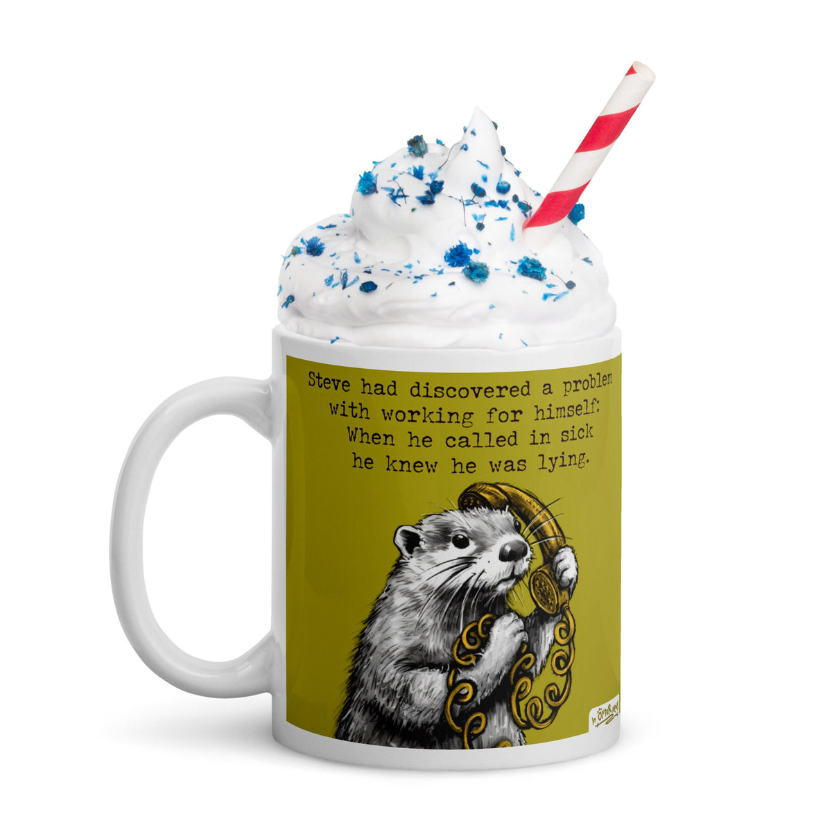 Working From Home mug topped with whipped cream and sprinkles