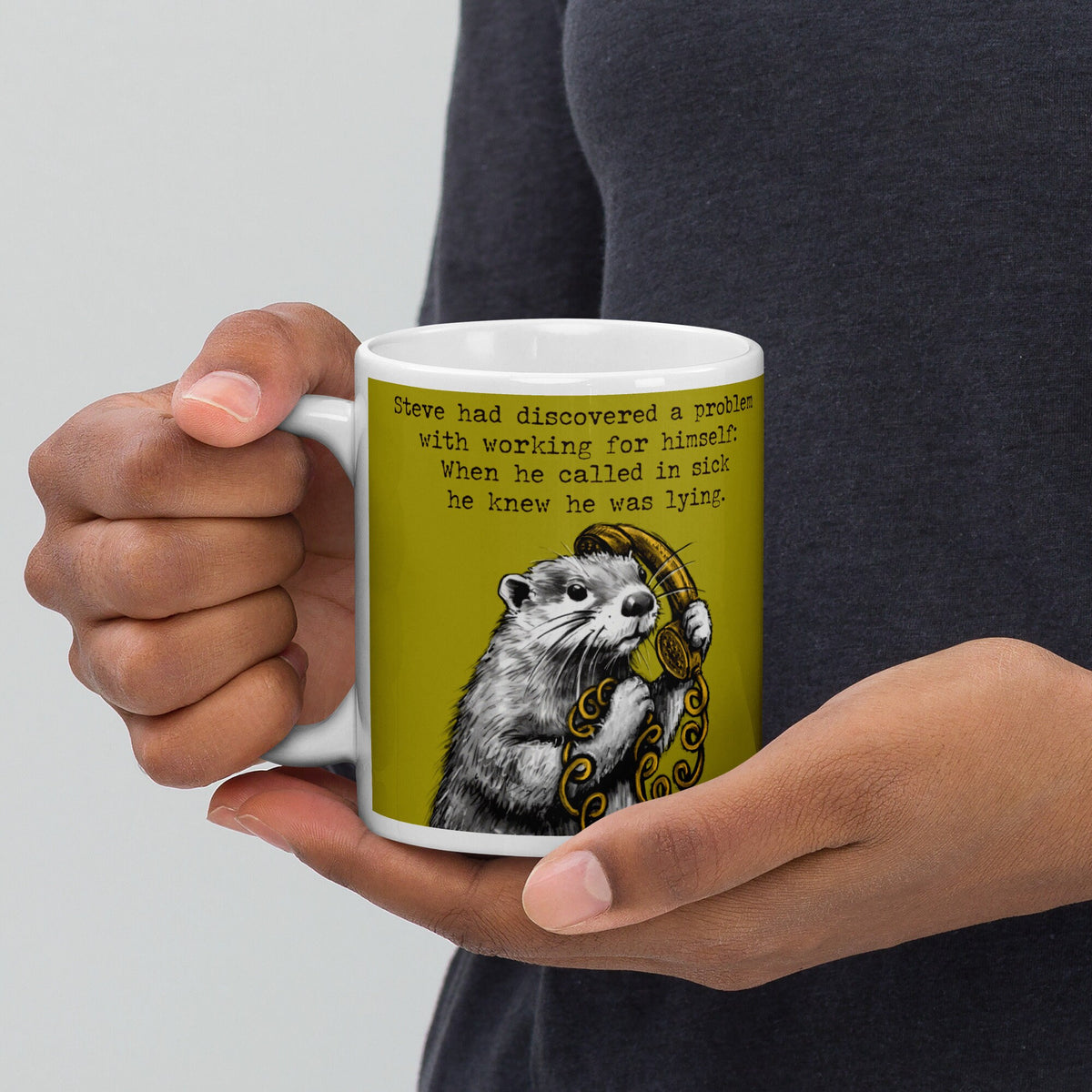Holding the Working From Home otter mug