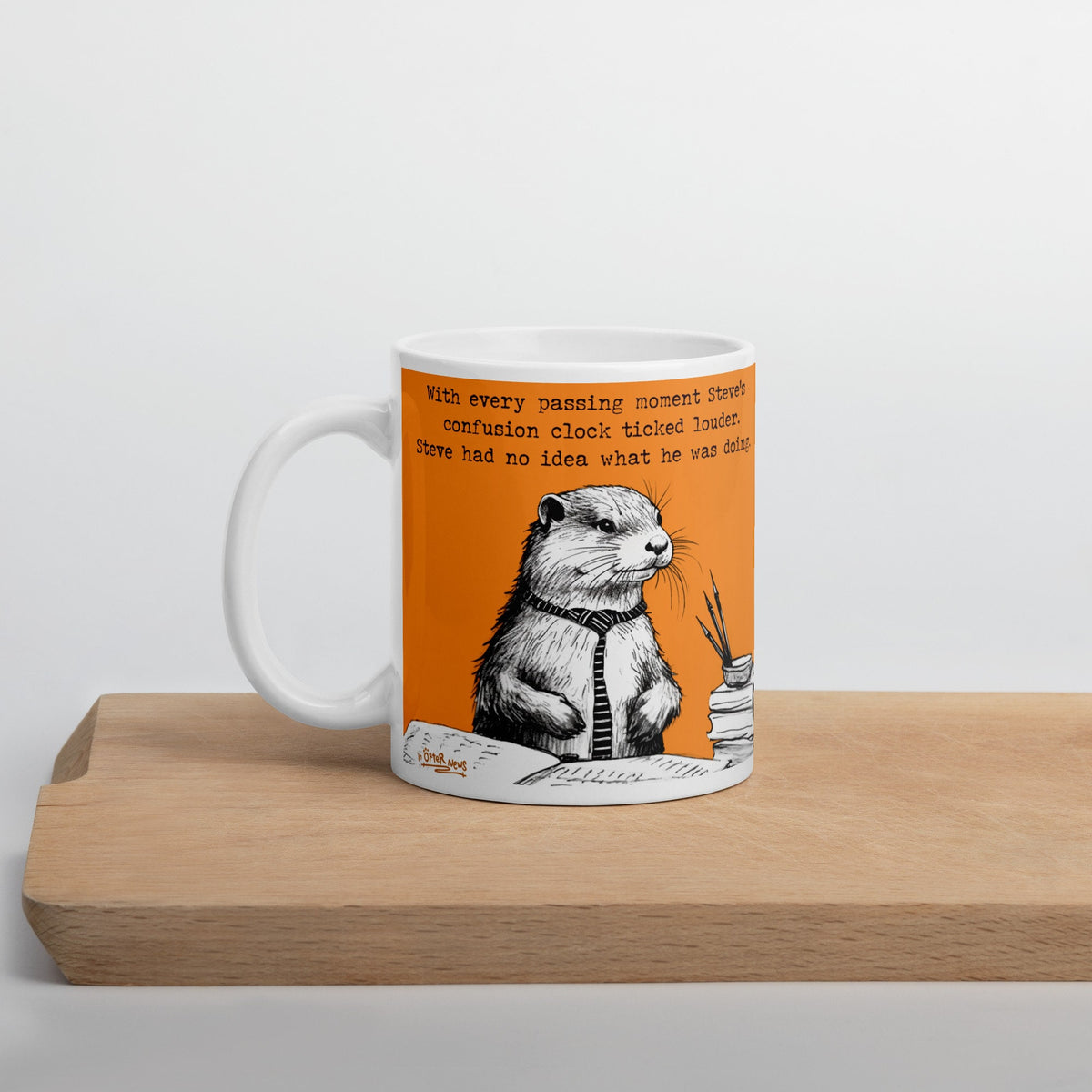 Confusion Clock mug on a wooden board