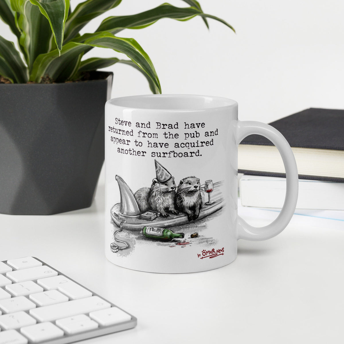 Return From The Pub mug, 11 oz, on a desk with a plant and books