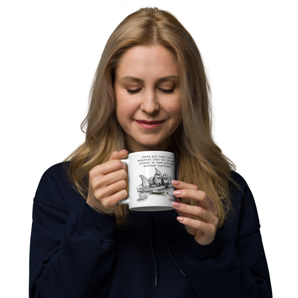 Woman enjoying a drink from the Return From The Pub mug