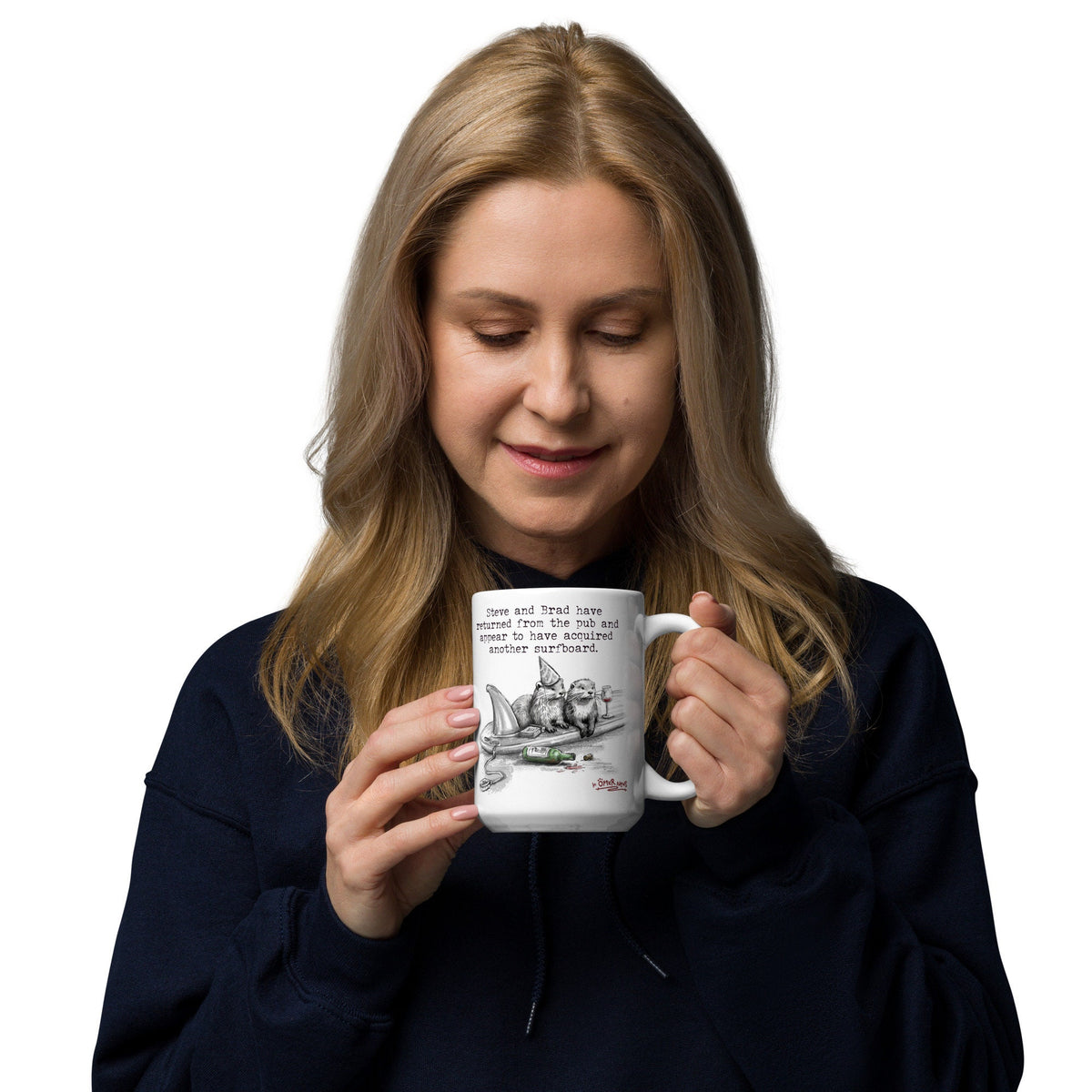 Woman holding the Return From The Pub otter mug