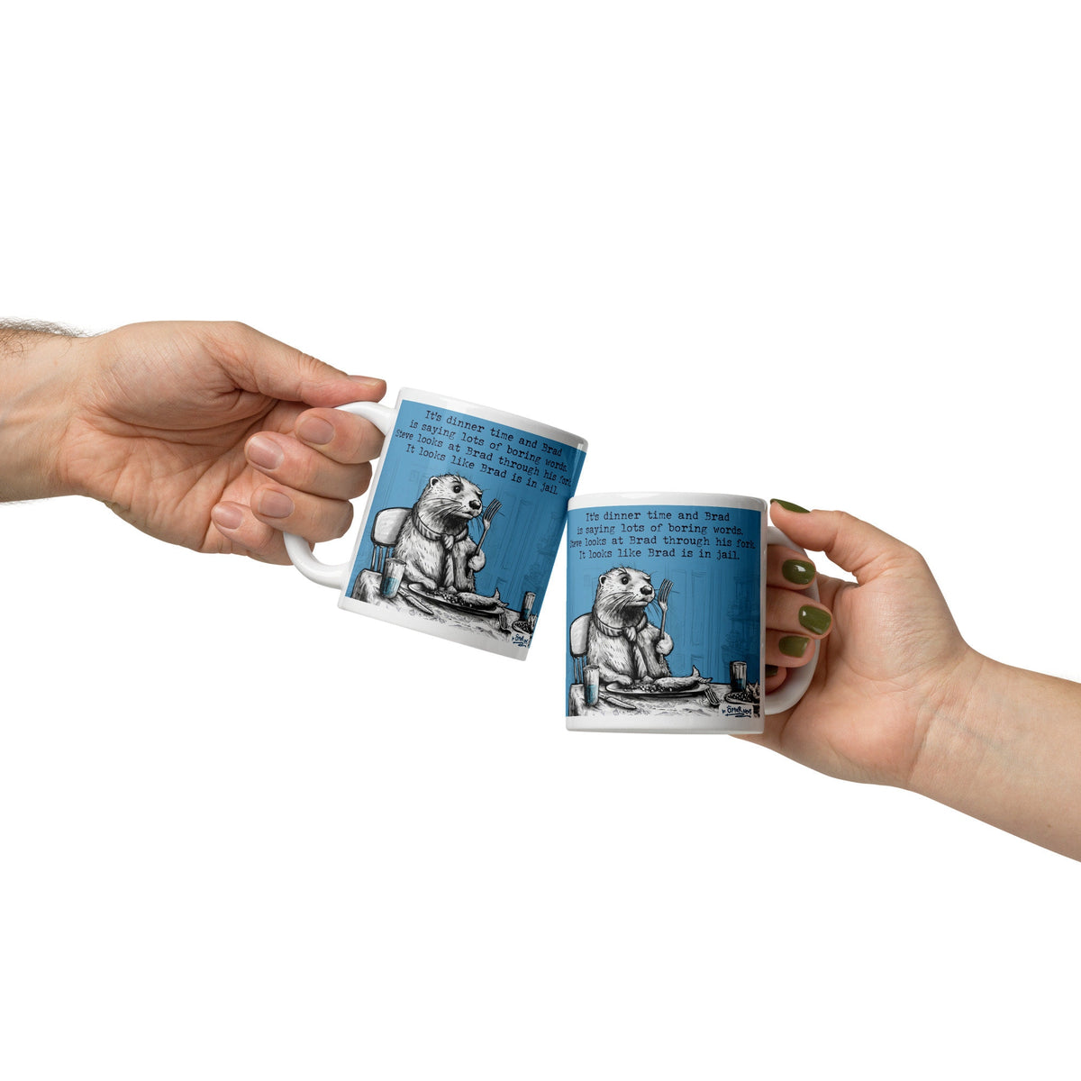 Two Fork mugs being passed between hands