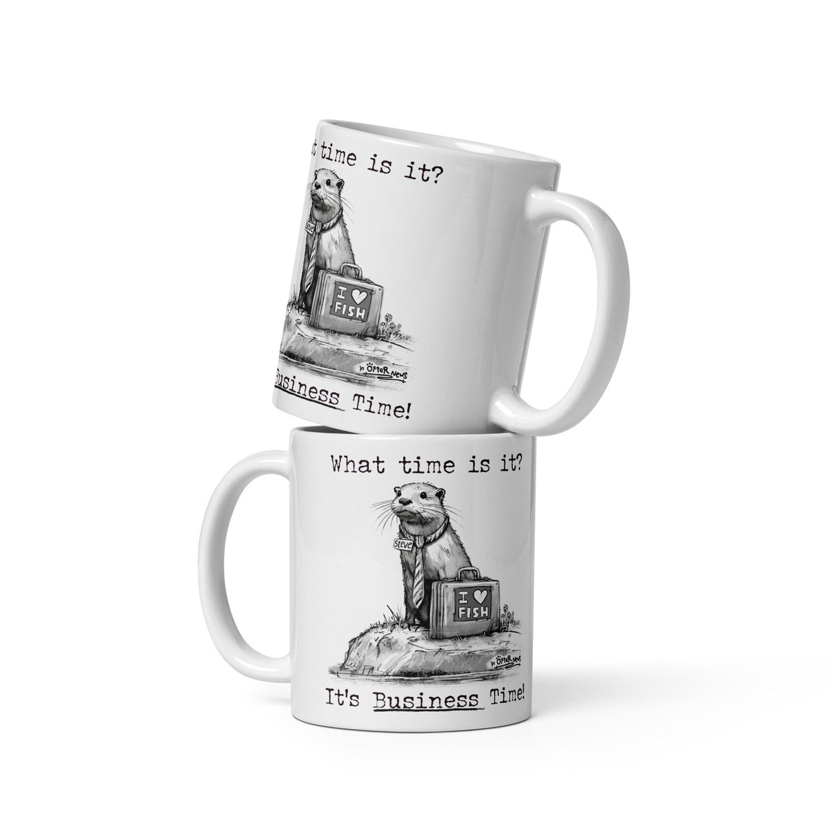 Business Time mugs stacked, from the back
