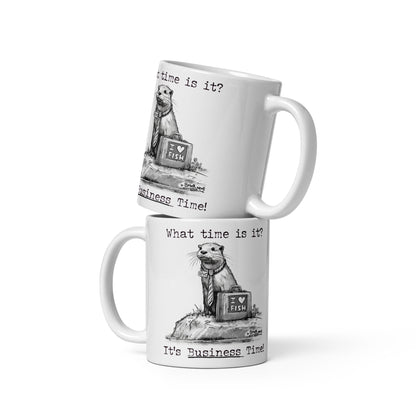 Business Time mugs stacked, from the back