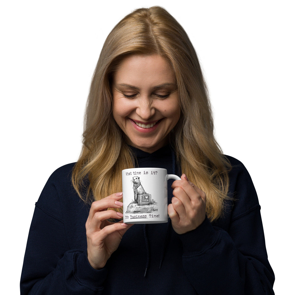 Woman holding the Business Time otter mug