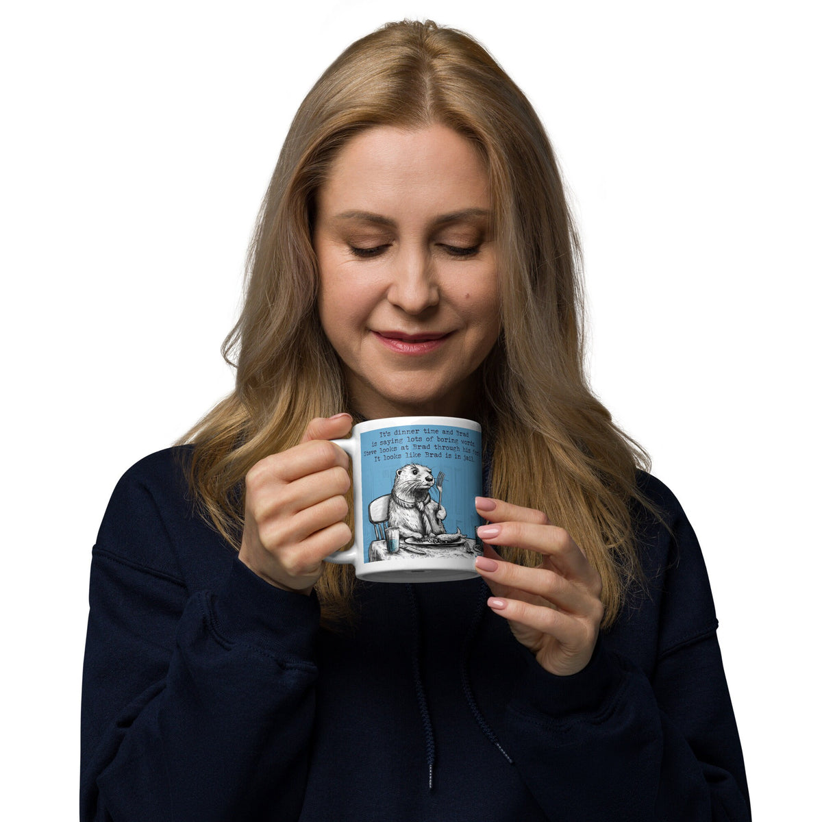 Woman enjoying a drink from The Fork mug