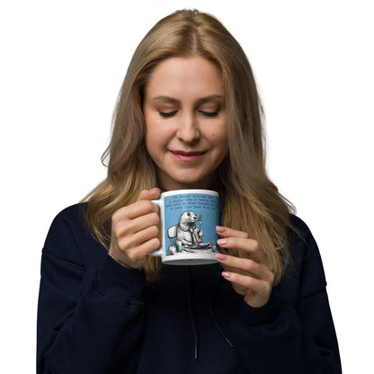 Woman enjoying a drink from The Fork mug