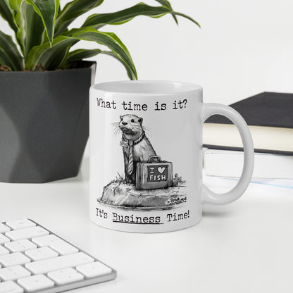 Business Time otter mug, 11 oz, on a desk with a plant and books: Steve with his briefcase