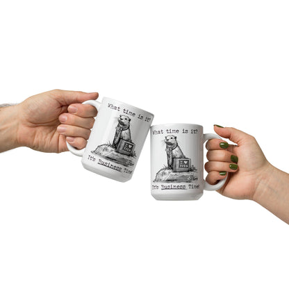 Two Business Time mugs being passed between hands