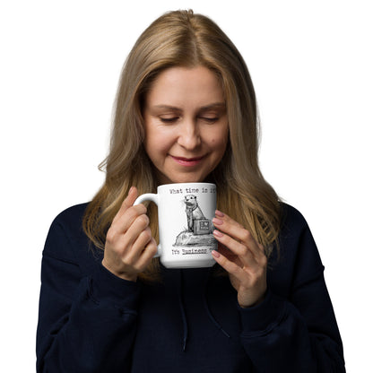 Woman enjoying a drink from the Business Time mug