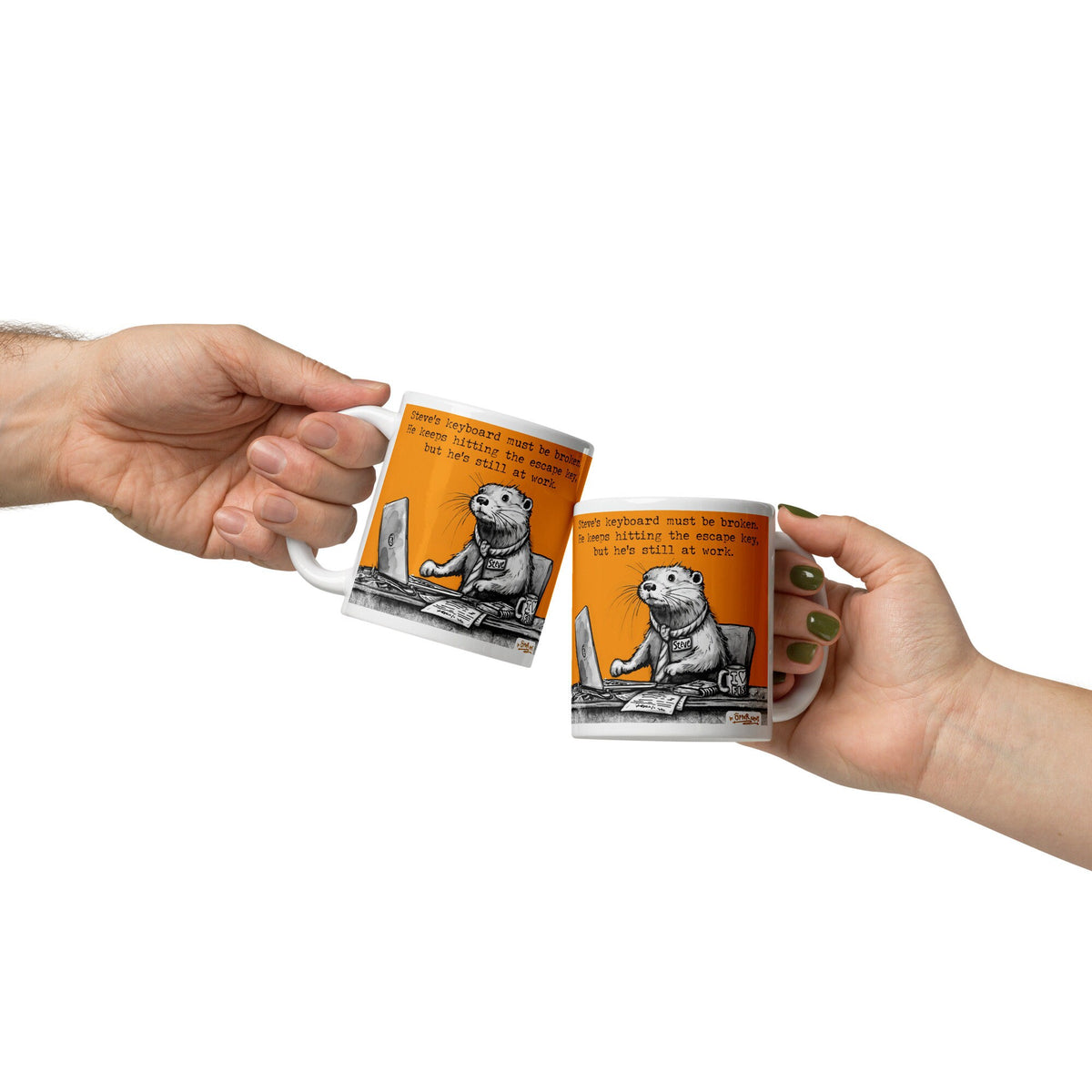 Two Escape Key mugs being passed between hands