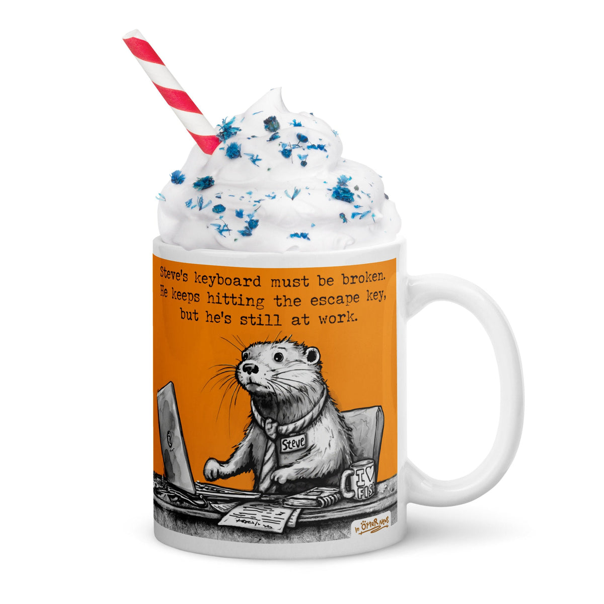 The Escape Key mug topped with whipped cream and sprinkles