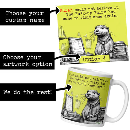How to order a custom name mug: pick an artwork, then give the name or names and pronouns