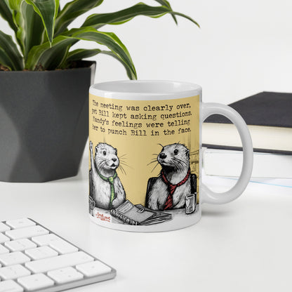 Custom name otter mug on a desk, made with a customer's name in place of Steve