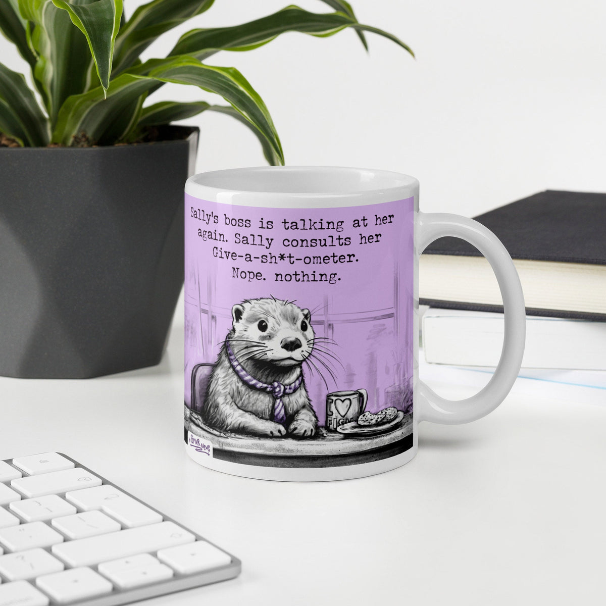 Custom name otter mug on a desk, made with a customer's name in place of Steve