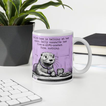 Custom name otter mug on a desk, made with a customer's name in place of Steve