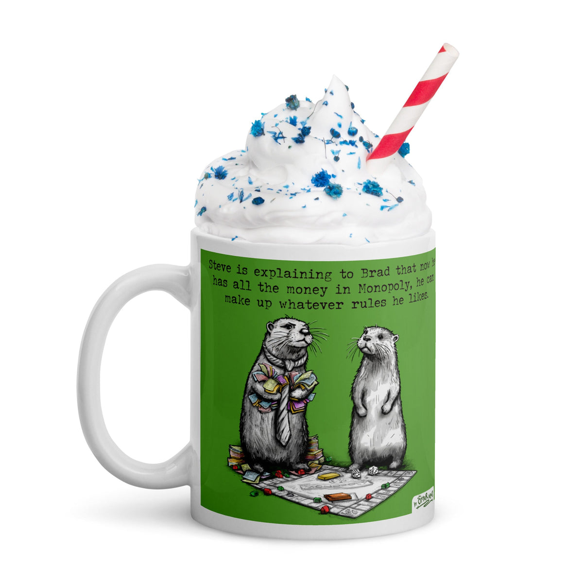Monopoly mug topped with whipped cream and sprinkles