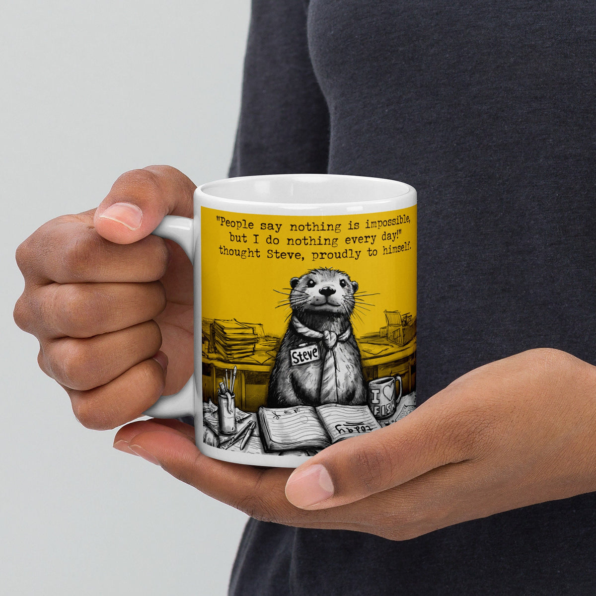 Holding the Doing Nothing otter mug