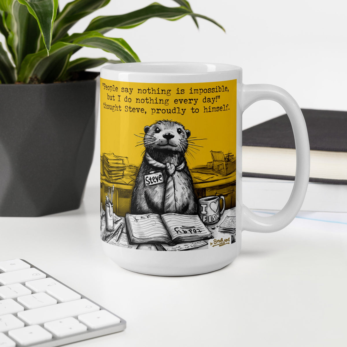 Doing Nothing otter mug, 15 oz, on a desk with a plant and books