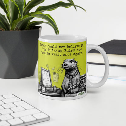 Custom name otter mug on a desk, made with a customer's name in place of Steve