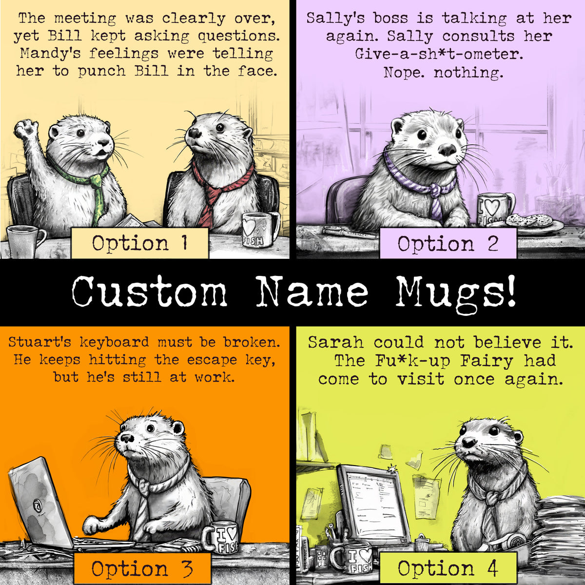 Custom name otter mugs: four artworks shown with example names in place of Steve