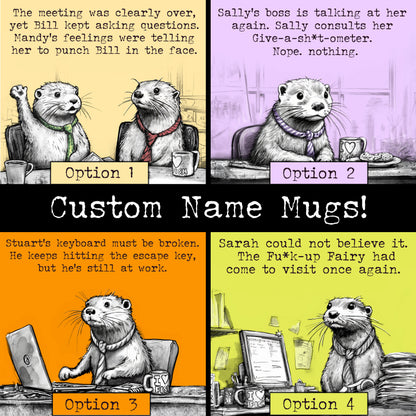 Custom name otter mugs: four artworks shown with example names in place of Steve