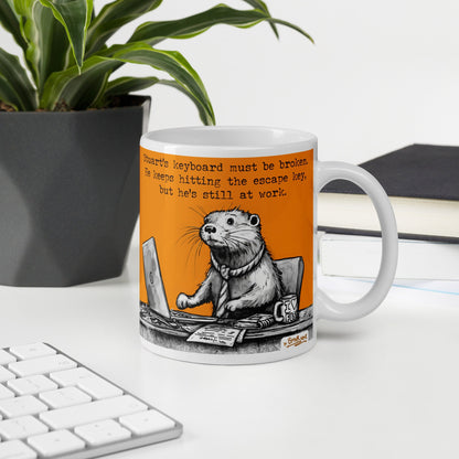 Custom name otter mug on a desk, made with a customer's name in place of Steve