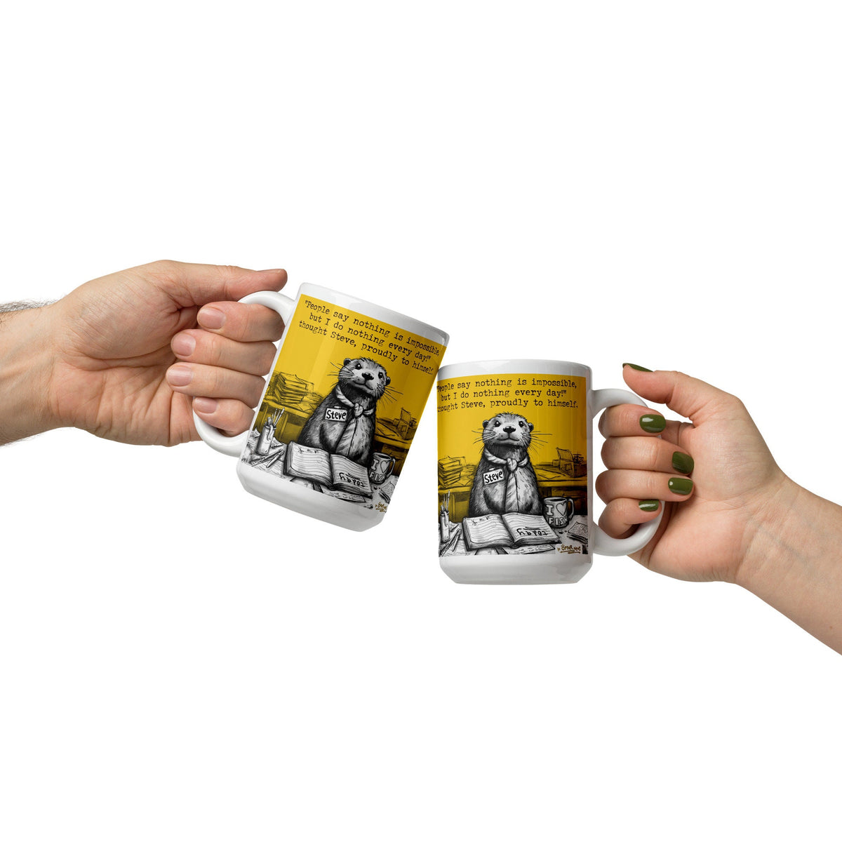 Two Doing Nothing mugs clinking together