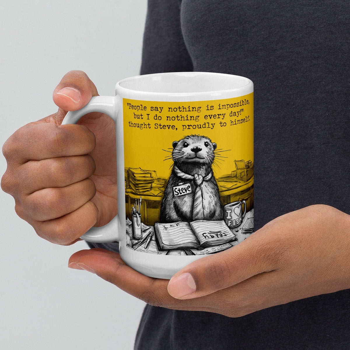 Holding the Doing Nothing mug by the handle
