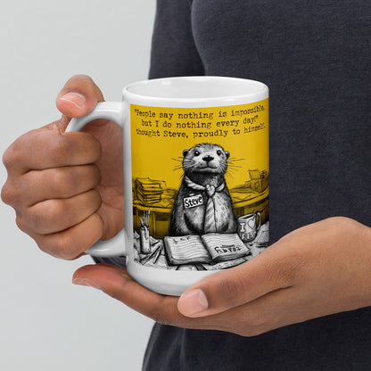 Holding the Doing Nothing mug by the handle