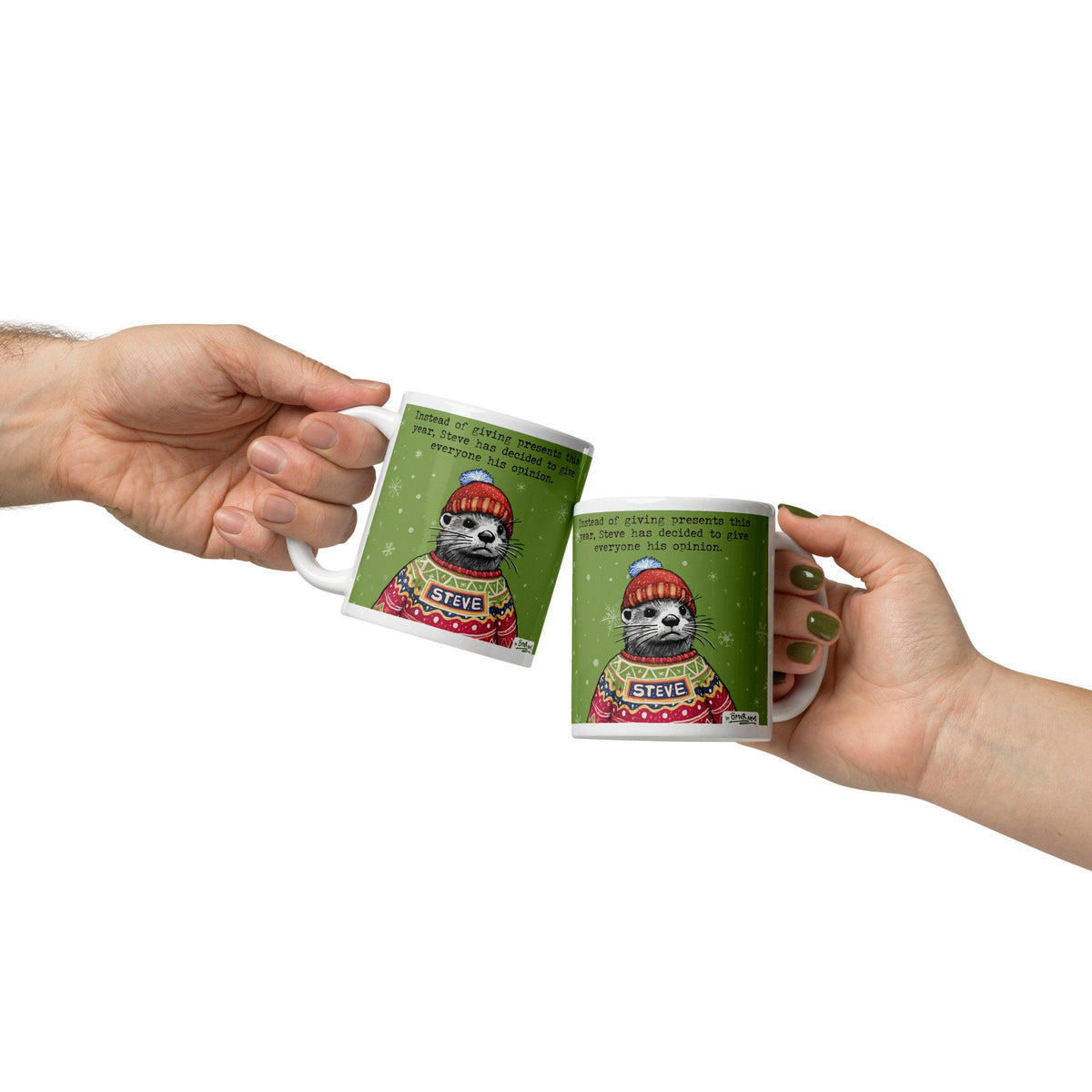 Two Christmas Opinions mugs being passed between hands