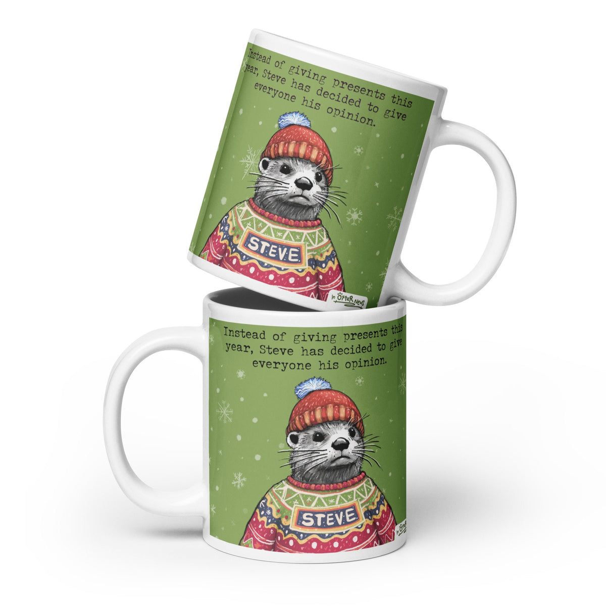 Christmas Opinions mug in both sizes, stacked