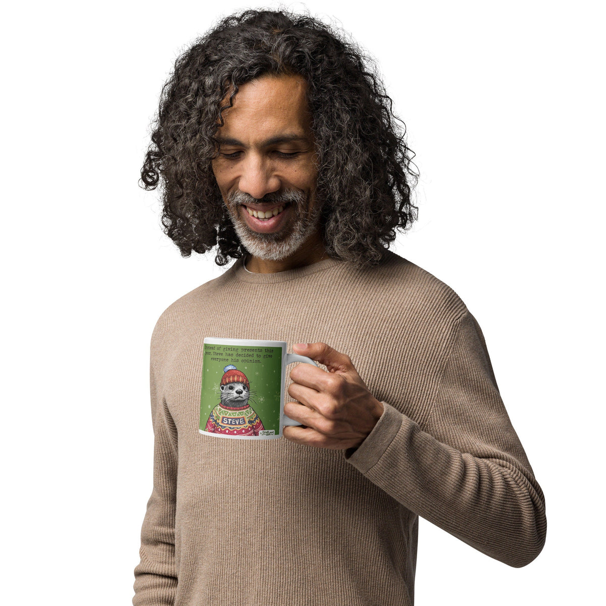 Man smiling while holding the Christmas Opinions mug