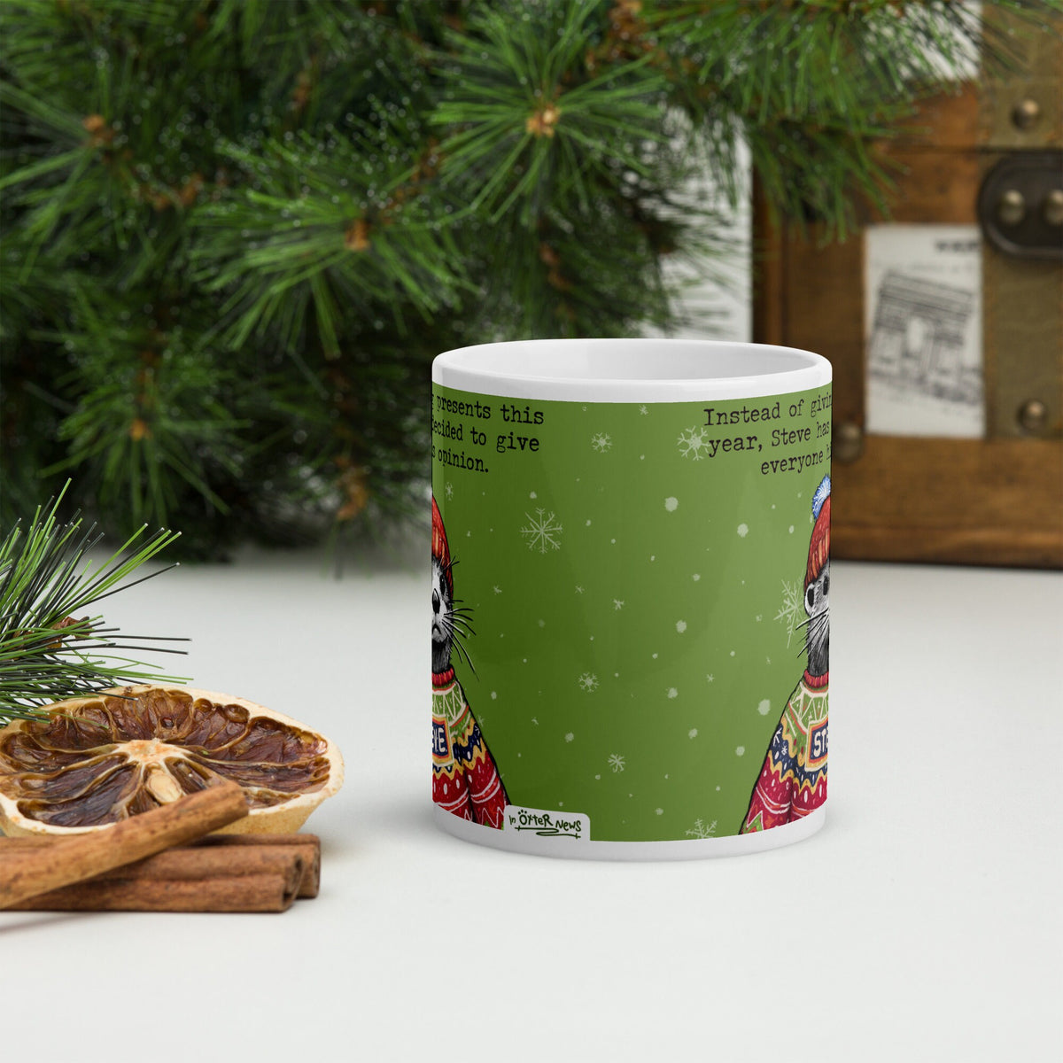 Christmas Opinions mug from the side, in front of a Christmas tree