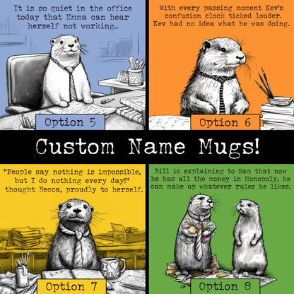 Custom name otter mugs: four artworks shown with example names in place of Steve