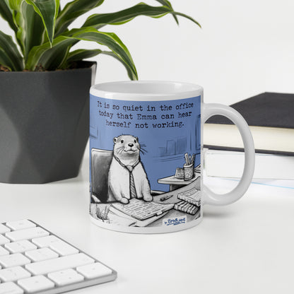 Custom name otter mug on a desk, made with a customer's name in place of Steve
