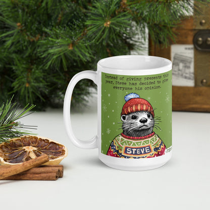 Christmas Opinions otter mug, 15 oz, in front of a Christmas tree